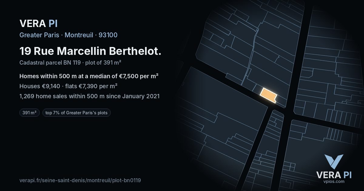 19 Rue Marcellin Berthelot, Montreuil at night – the plot lit, the parcels around coloured by the prices near them