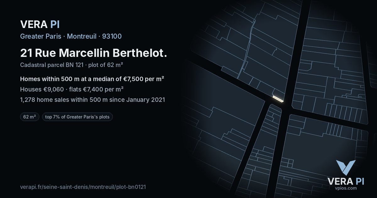 21 Rue Marcellin Berthelot, Montreuil at night – the plot lit, the parcels around coloured by the prices near them