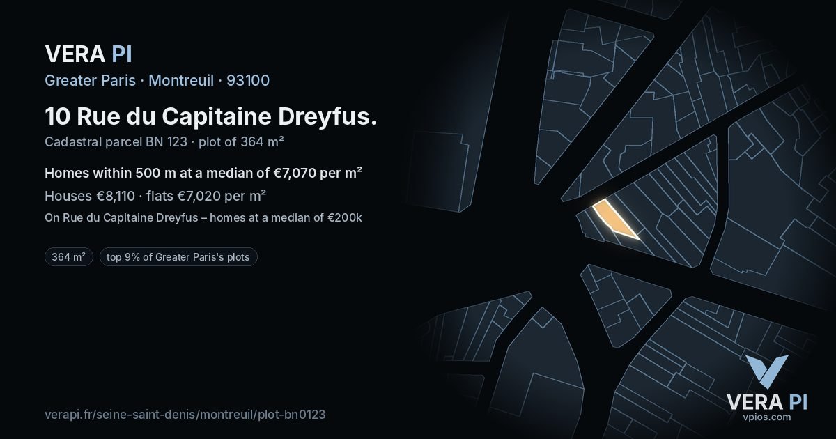 10 Rue du Capitaine Dreyfus, Montreuil at night – the plot lit, the parcels around coloured by the prices near them