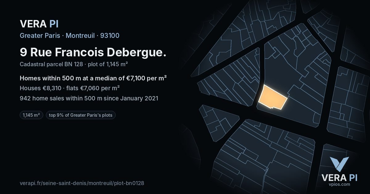 9 Rue Francois Debergue, Montreuil at night – the plot lit, the parcels around coloured by the prices near them