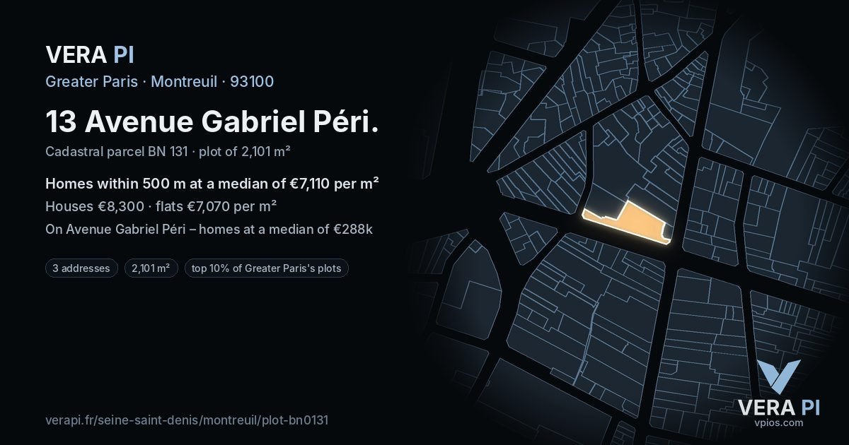13 Avenue Gabriel Péri, Montreuil at night – the plot lit, the parcels around coloured by the prices near them