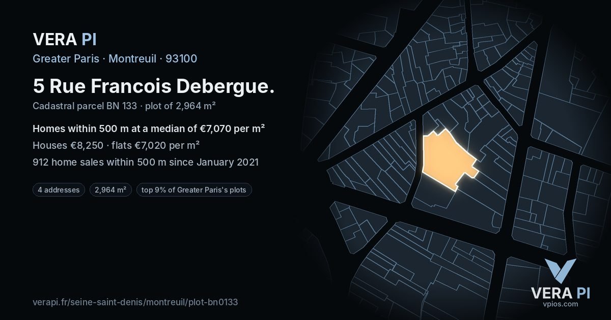 5 Rue Francois Debergue, Montreuil at night – the plot lit, the parcels around coloured by the prices near them