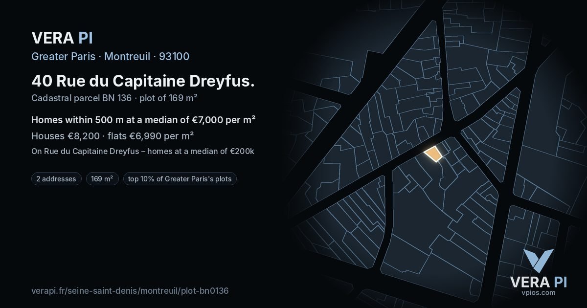40 Rue du Capitaine Dreyfus, Montreuil at night – the plot lit, the parcels around coloured by the prices near them