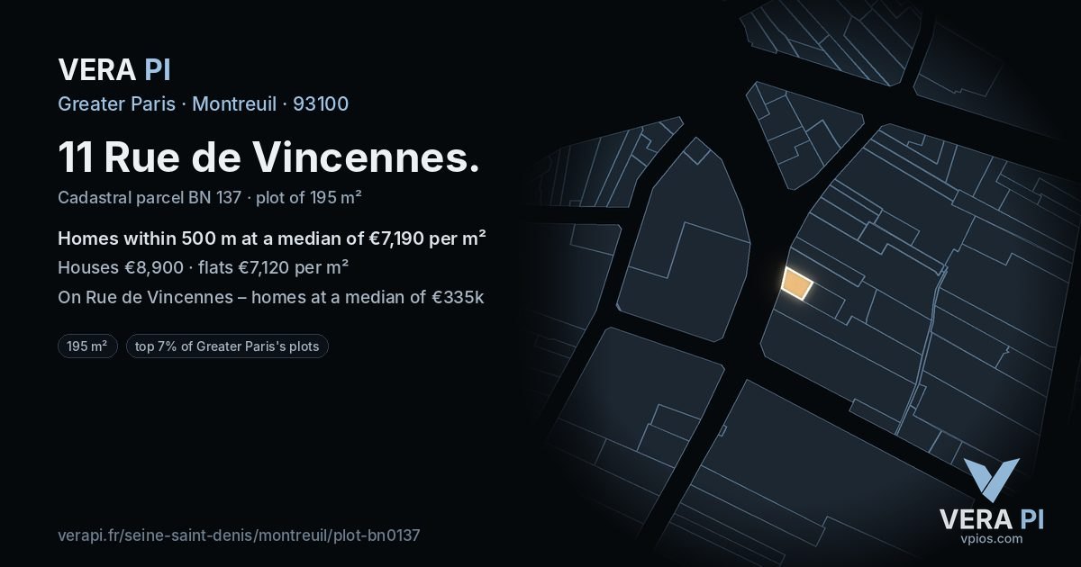 11 Rue de Vincennes, Montreuil at night – the plot lit, the parcels around coloured by the prices near them