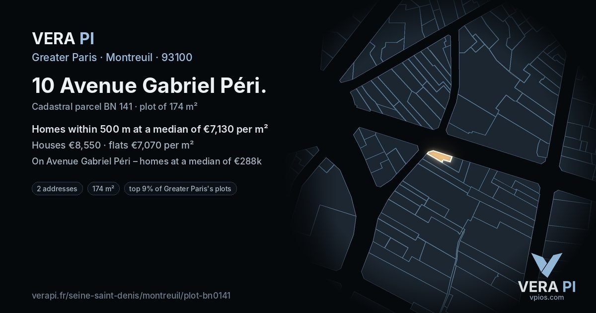 10 Avenue Gabriel Péri, Montreuil at night – the plot lit, the parcels around coloured by the prices near them