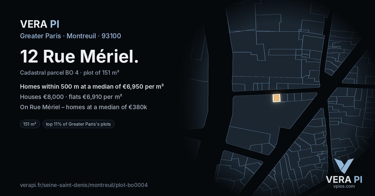 12 Rue Mériel, Montreuil at night – the plot lit, the parcels around coloured by the prices near them