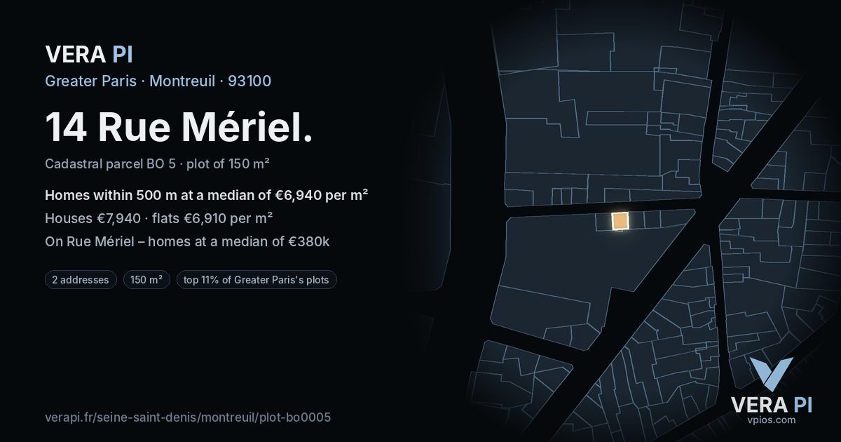 14 Rue Mériel, Montreuil at night – the plot lit, the parcels around coloured by the prices near them