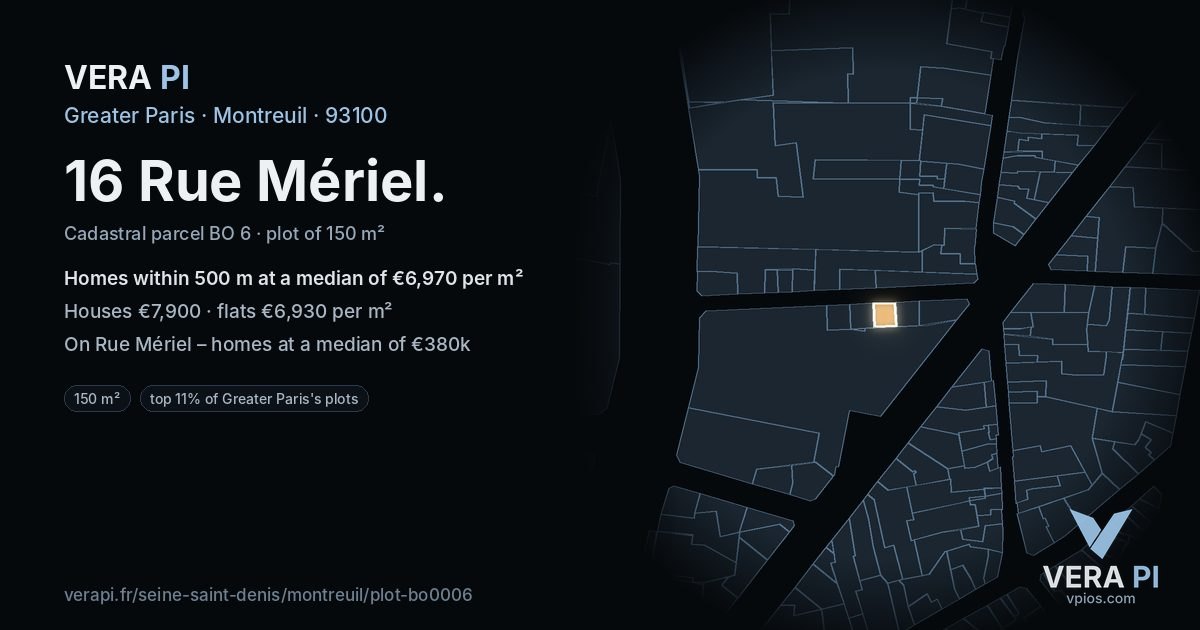 16 Rue Mériel, Montreuil at night – the plot lit, the parcels around coloured by the prices near them