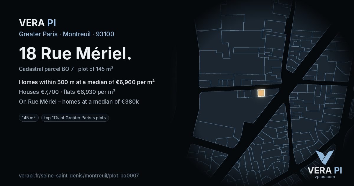 18 Rue Mériel, Montreuil at night – the plot lit, the parcels around coloured by the prices near them