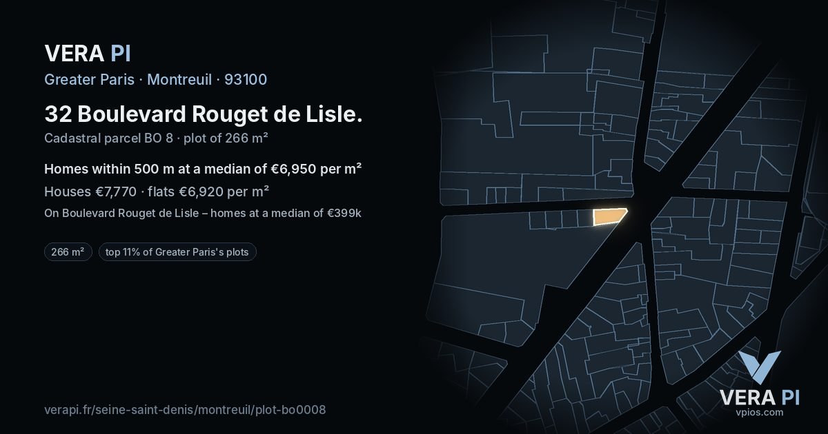 32 Boulevard Rouget de Lisle, Montreuil at night – the plot lit, the parcels around coloured by the prices near them