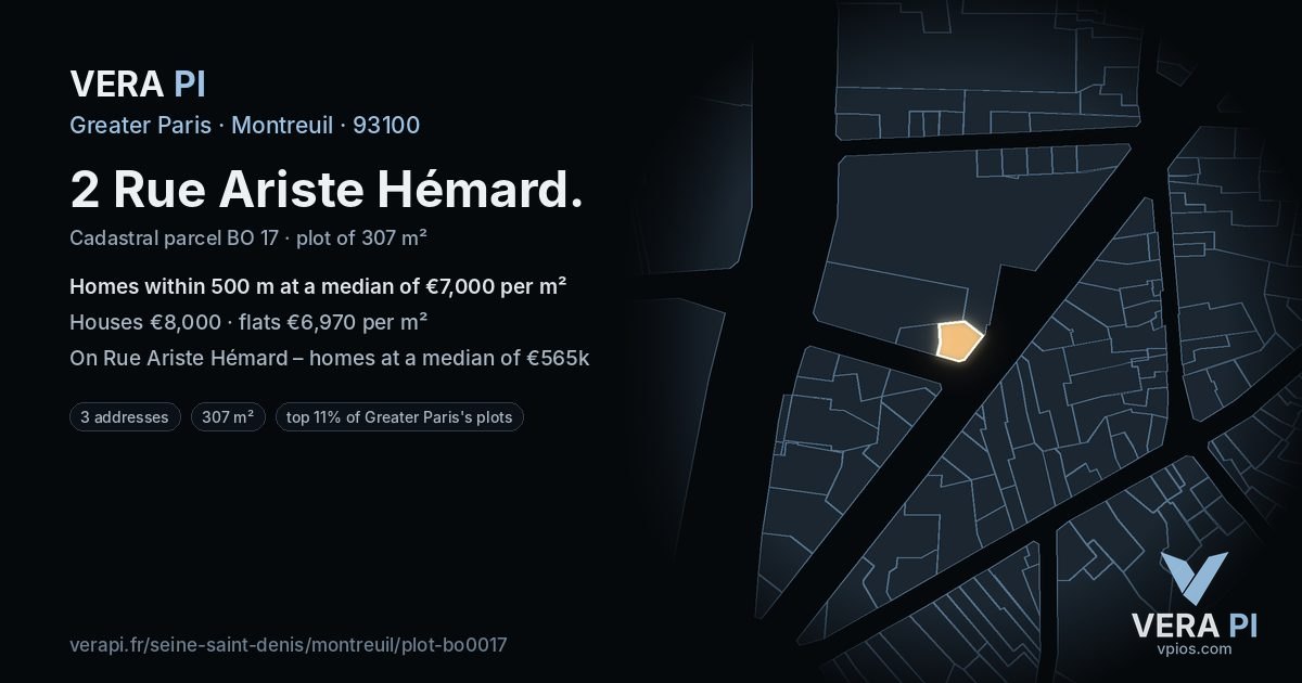 2 Rue Ariste Hémard, Montreuil at night – the plot lit, the parcels around coloured by the prices near them