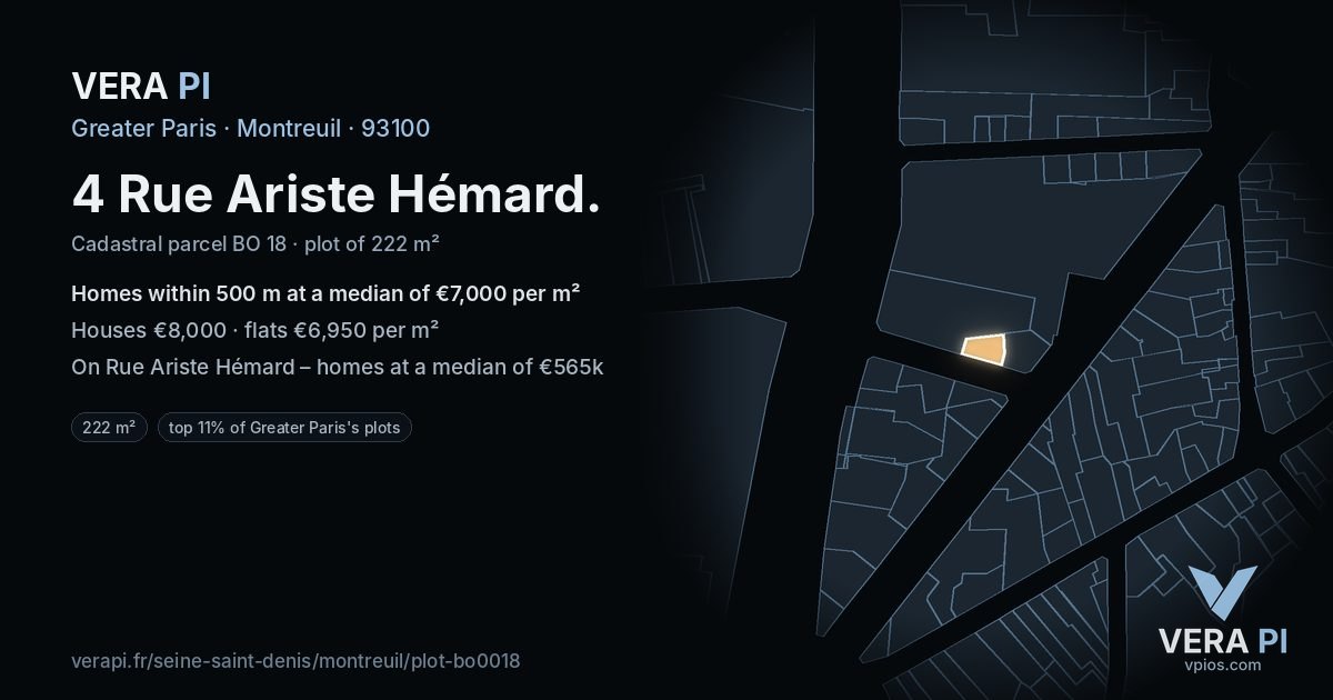 4 Rue Ariste Hémard, Montreuil at night – the plot lit, the parcels around coloured by the prices near them