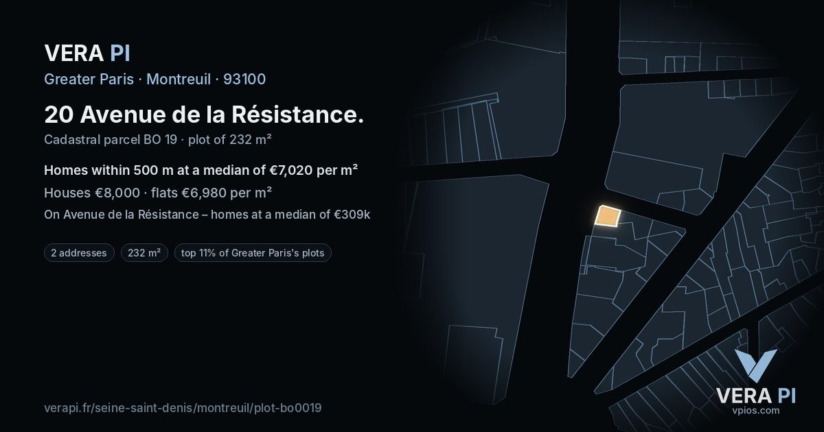 20 Avenue de la Résistance, Montreuil at night – the plot lit, the parcels around coloured by the prices near them