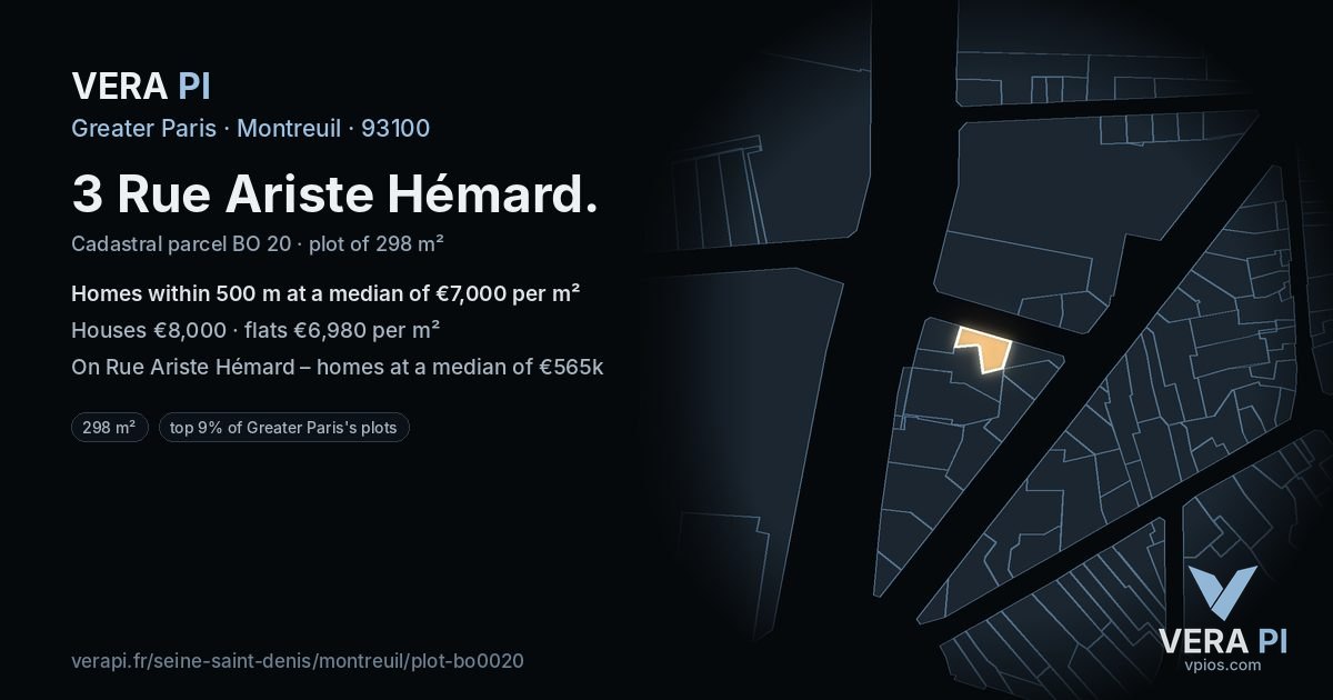 3 Rue Ariste Hémard, Montreuil at night – the plot lit, the parcels around coloured by the prices near them