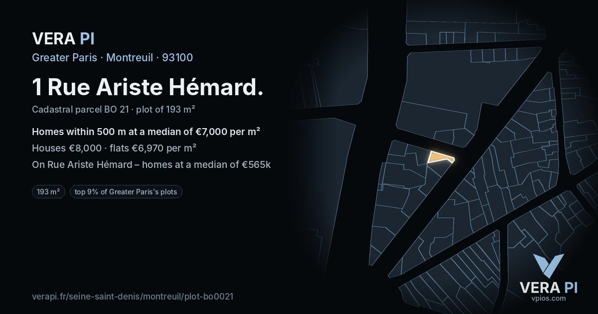 1 Rue Ariste Hémard, Montreuil at night – the plot lit, the parcels around coloured by the prices near them