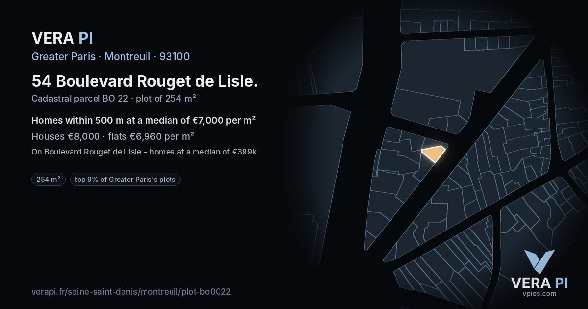 54 Boulevard Rouget de Lisle, Montreuil at night – the plot lit, the parcels around coloured by the prices near them