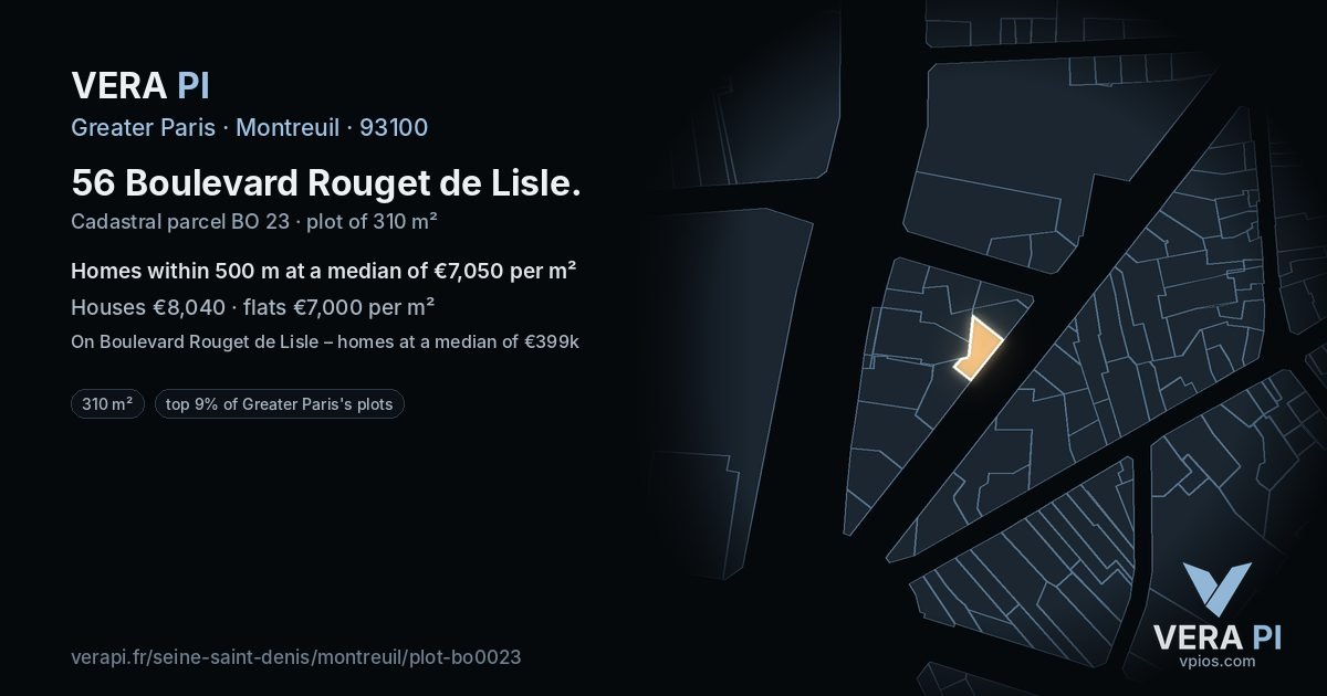 56 Boulevard Rouget de Lisle, Montreuil at night – the plot lit, the parcels around coloured by the prices near them