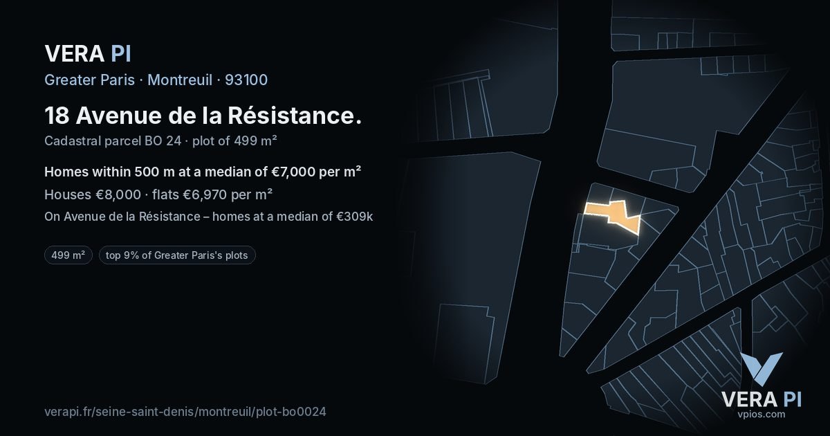 18 Avenue de la Résistance, Montreuil at night – the plot lit, the parcels around coloured by the prices near them