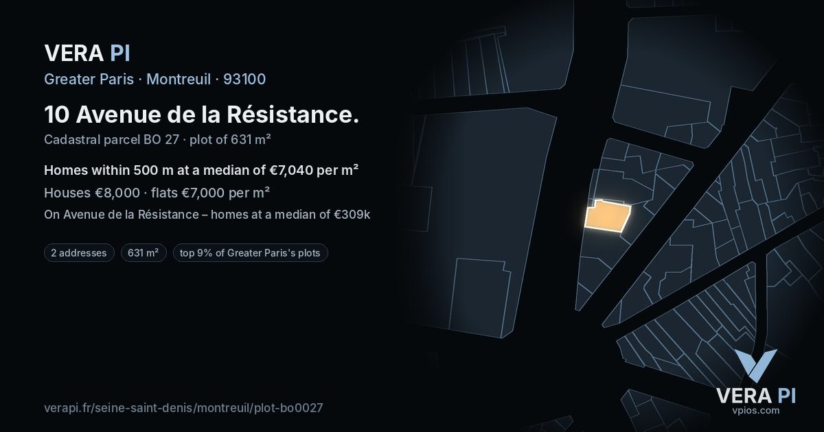 10 Avenue de la Résistance, Montreuil at night – the plot lit, the parcels around coloured by the prices near them