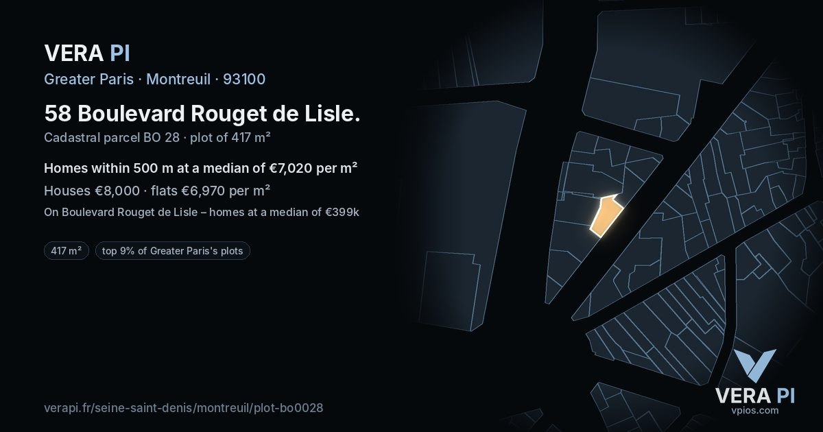 58 Boulevard Rouget de Lisle, Montreuil at night – the plot lit, the parcels around coloured by the prices near them