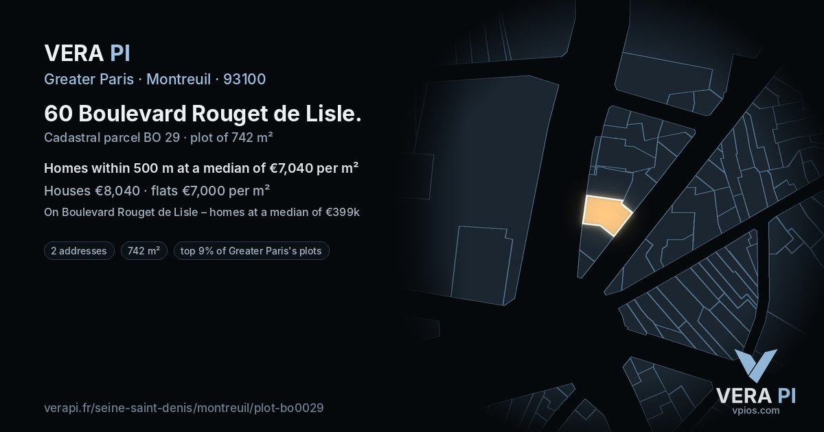 60 Boulevard Rouget de Lisle, Montreuil at night – the plot lit, the parcels around coloured by the prices near them