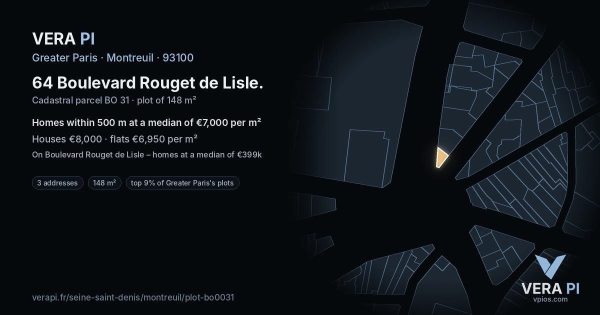64 Boulevard Rouget de Lisle, Montreuil at night – the plot lit, the parcels around coloured by the prices near them