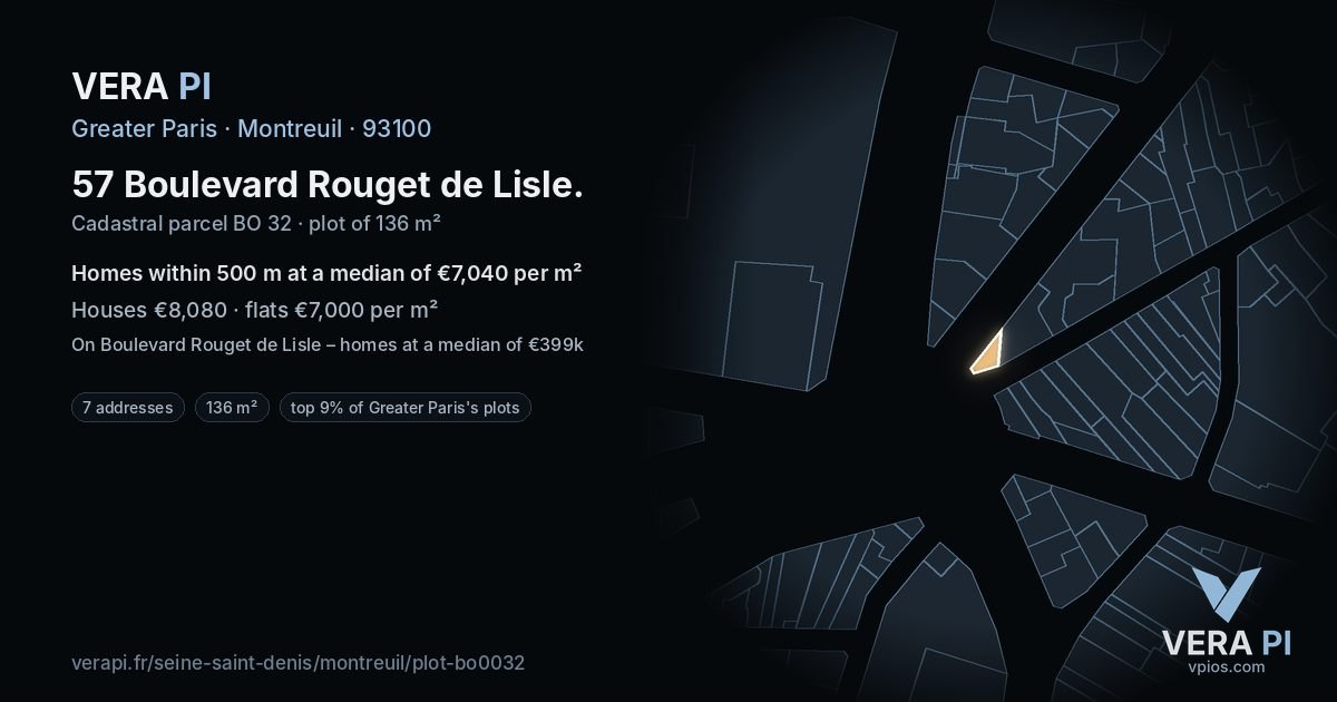 57 Boulevard Rouget de Lisle, Montreuil at night – the plot lit, the parcels around coloured by the prices near them