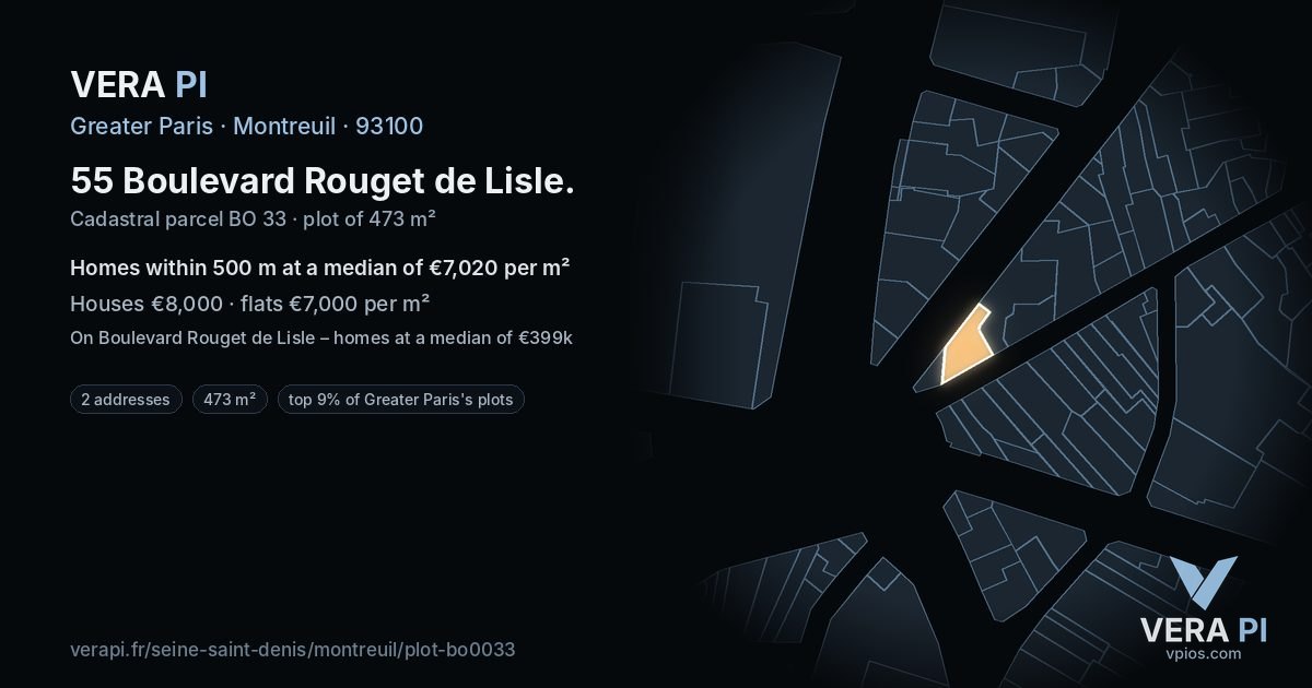 55 Boulevard Rouget de Lisle, Montreuil at night – the plot lit, the parcels around coloured by the prices near them