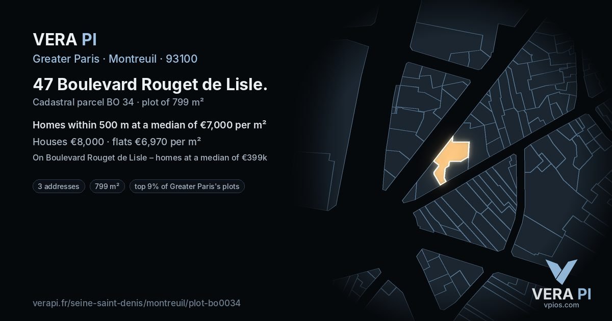 47 Boulevard Rouget de Lisle, Montreuil at night – the plot lit, the parcels around coloured by the prices near them