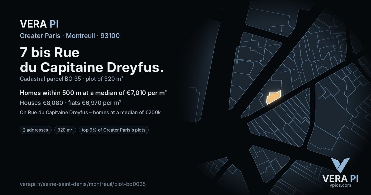 7 bis Rue du Capitaine Dreyfus, Montreuil at night – the plot lit, the parcels around coloured by the prices near them