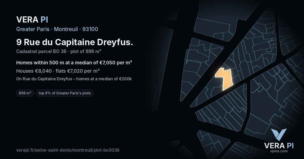 9 Rue du Capitaine Dreyfus, Montreuil at night – the plot lit, the parcels around coloured by the prices near them