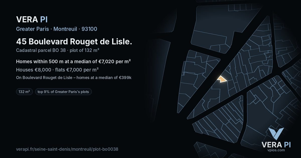 45 Boulevard Rouget de Lisle, Montreuil at night – the plot lit, the parcels around coloured by the prices near them
