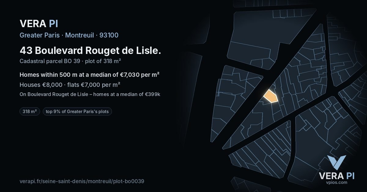 43 Boulevard Rouget de Lisle, Montreuil at night – the plot lit, the parcels around coloured by the prices near them