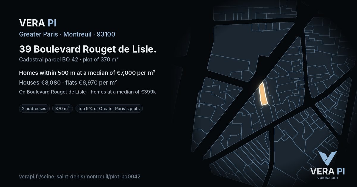 39 Boulevard Rouget de Lisle, Montreuil at night – the plot lit, the parcels around coloured by the prices near them