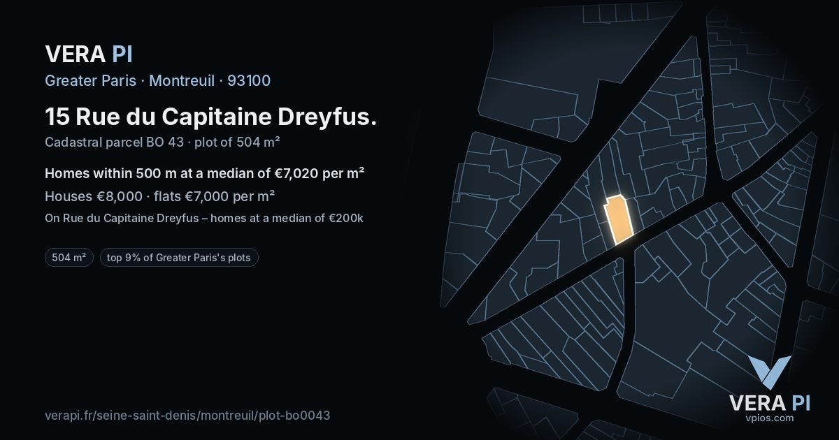 15 Rue du Capitaine Dreyfus, Montreuil at night – the plot lit, the parcels around coloured by the prices near them