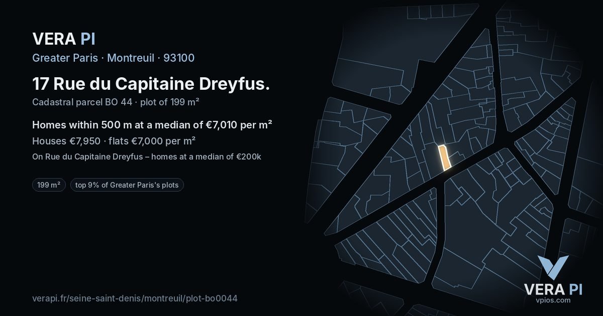 17 Rue du Capitaine Dreyfus, Montreuil at night – the plot lit, the parcels around coloured by the prices near them