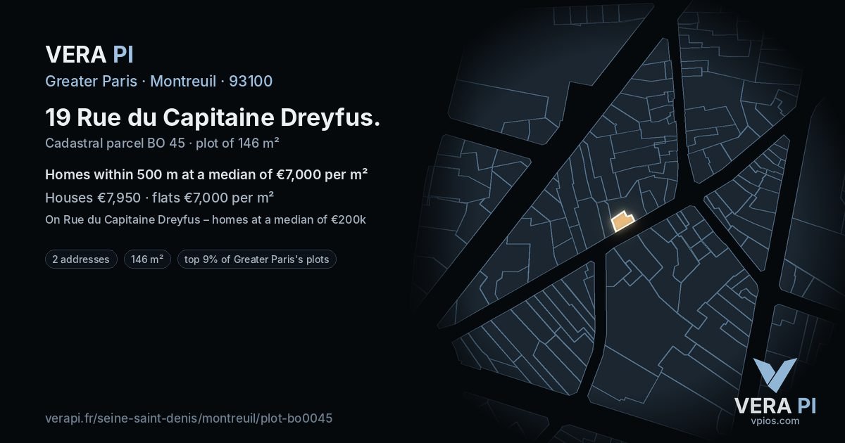 19 Rue du Capitaine Dreyfus, Montreuil at night – the plot lit, the parcels around coloured by the prices near them