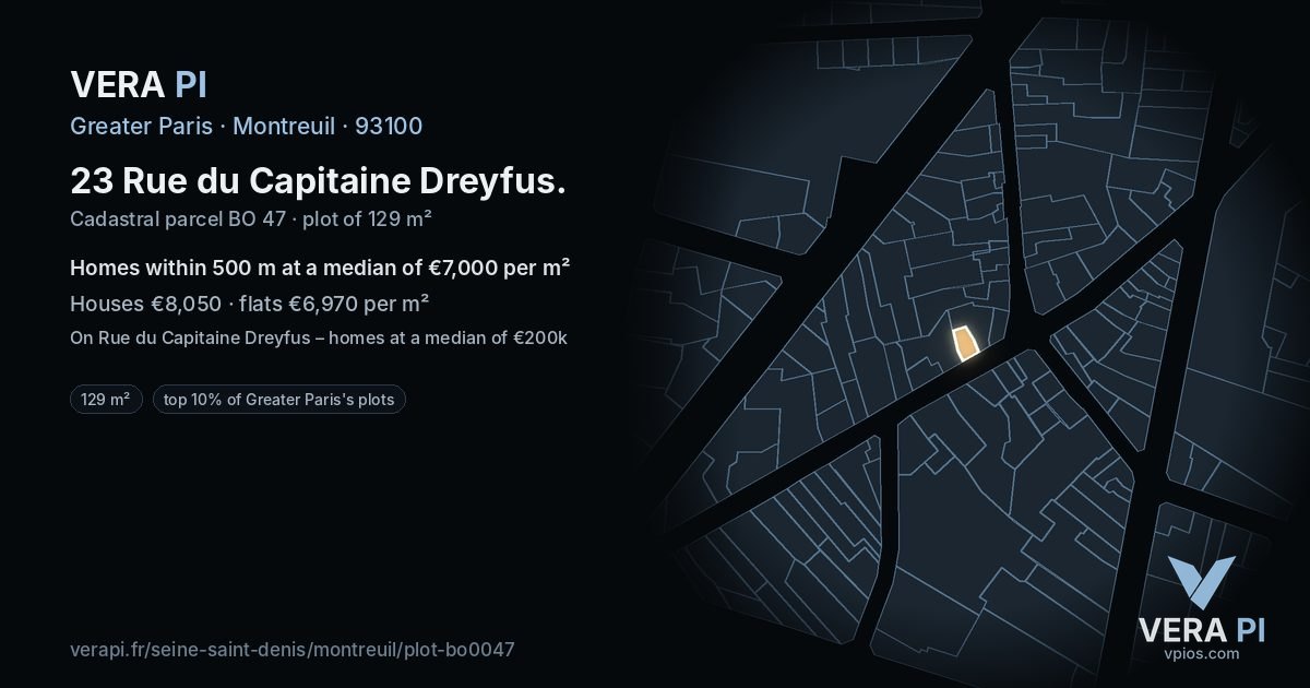 23 Rue du Capitaine Dreyfus, Montreuil at night – the plot lit, the parcels around coloured by the prices near them