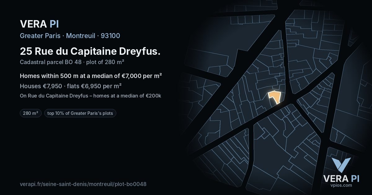 25 Rue du Capitaine Dreyfus, Montreuil at night – the plot lit, the parcels around coloured by the prices near them