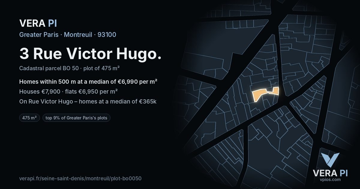 3 Rue Victor Hugo, Montreuil at night – the plot lit, the parcels around coloured by the prices near them