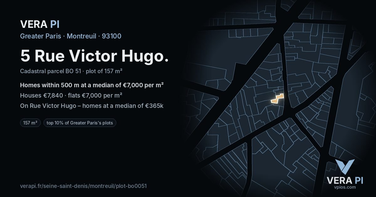 5 Rue Victor Hugo, Montreuil at night – the plot lit, the parcels around coloured by the prices near them