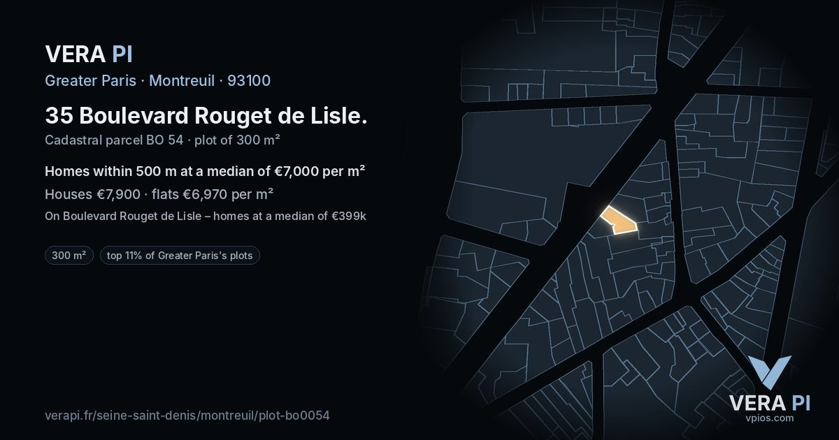 35 Boulevard Rouget de Lisle, Montreuil at night – the plot lit, the parcels around coloured by the prices near them