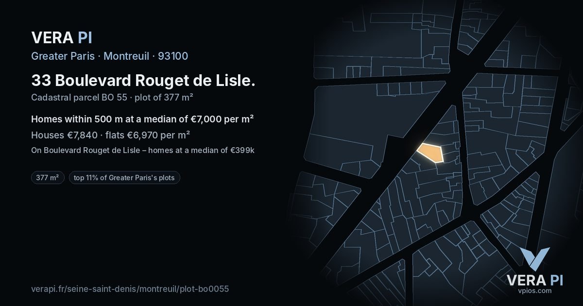 33 Boulevard Rouget de Lisle, Montreuil at night – the plot lit, the parcels around coloured by the prices near them