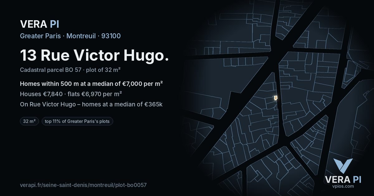 13 Rue Victor Hugo, Montreuil at night – the plot lit, the parcels around coloured by the prices near them