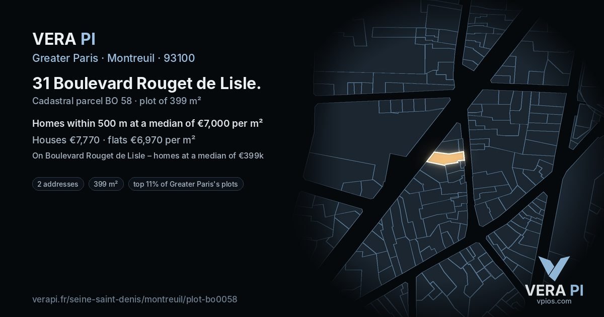 31 Boulevard Rouget de Lisle, Montreuil at night – the plot lit, the parcels around coloured by the prices near them