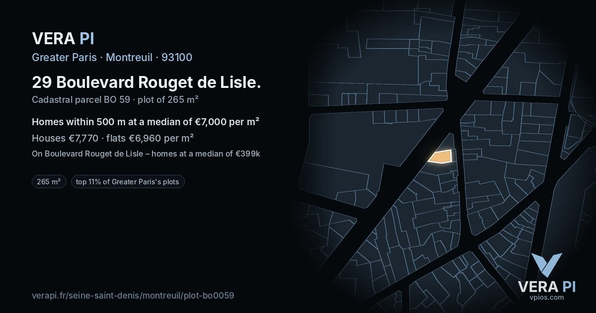 29 Boulevard Rouget de Lisle, Montreuil at night – the plot lit, the parcels around coloured by the prices near them