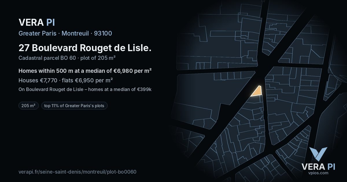 27 Boulevard Rouget de Lisle, Montreuil at night – the plot lit, the parcels around coloured by the prices near them