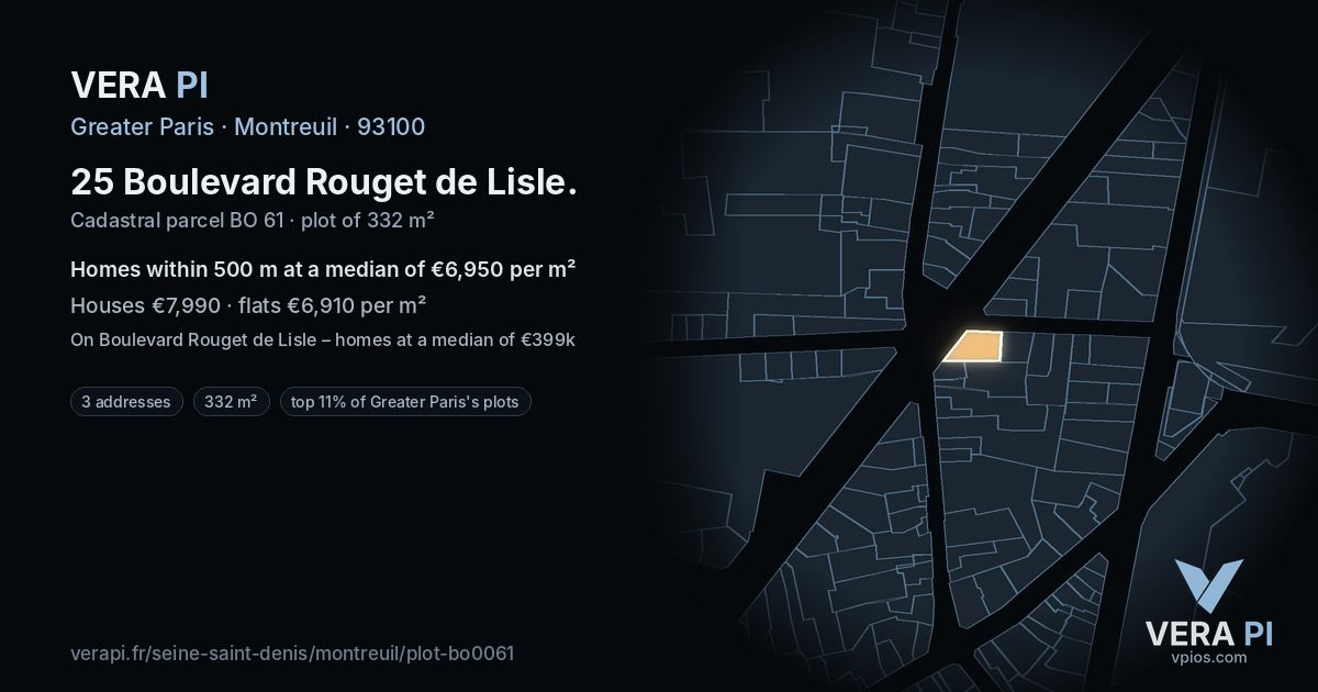 25 Boulevard Rouget de Lisle, Montreuil at night – the plot lit, the parcels around coloured by the prices near them