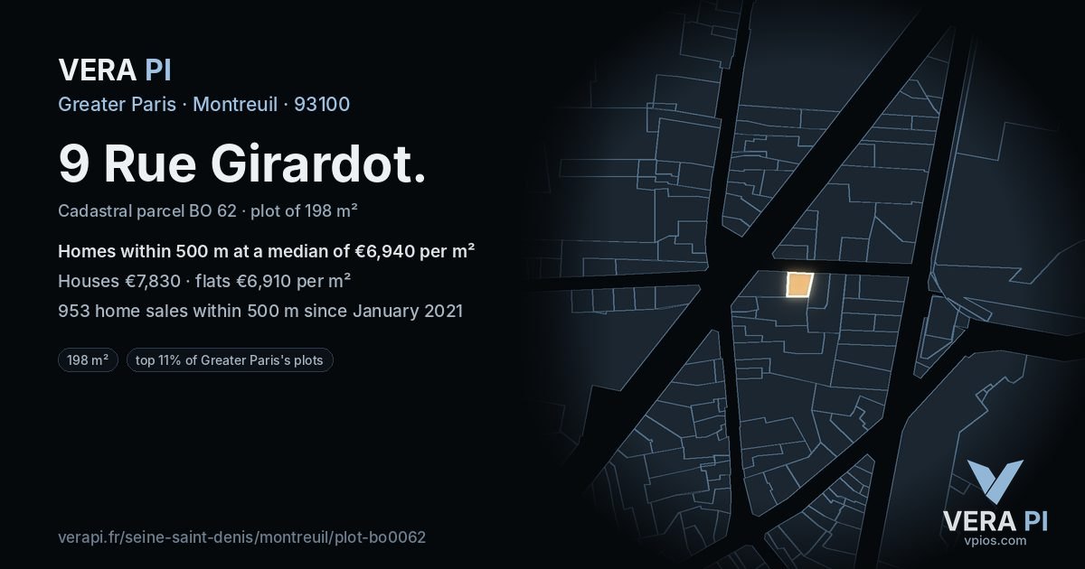 9 Rue Girardot, Montreuil at night – the plot lit, the parcels around coloured by the prices near them