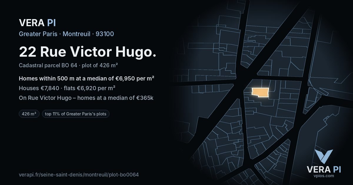 22 Rue Victor Hugo, Montreuil at night – the plot lit, the parcels around coloured by the prices near them